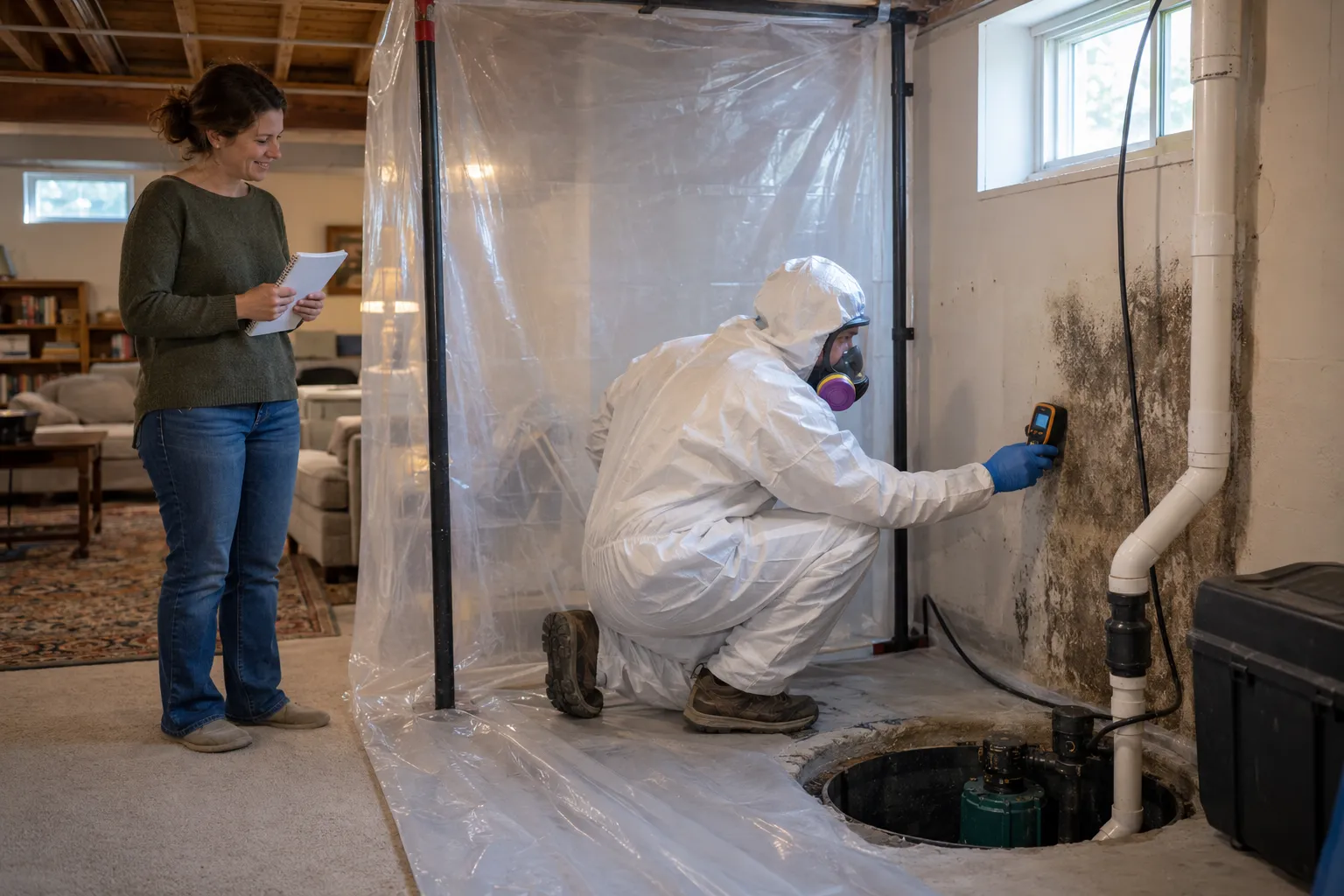 A local provider inspecting a dark mold patch on a basement wall in a home in Cleveland