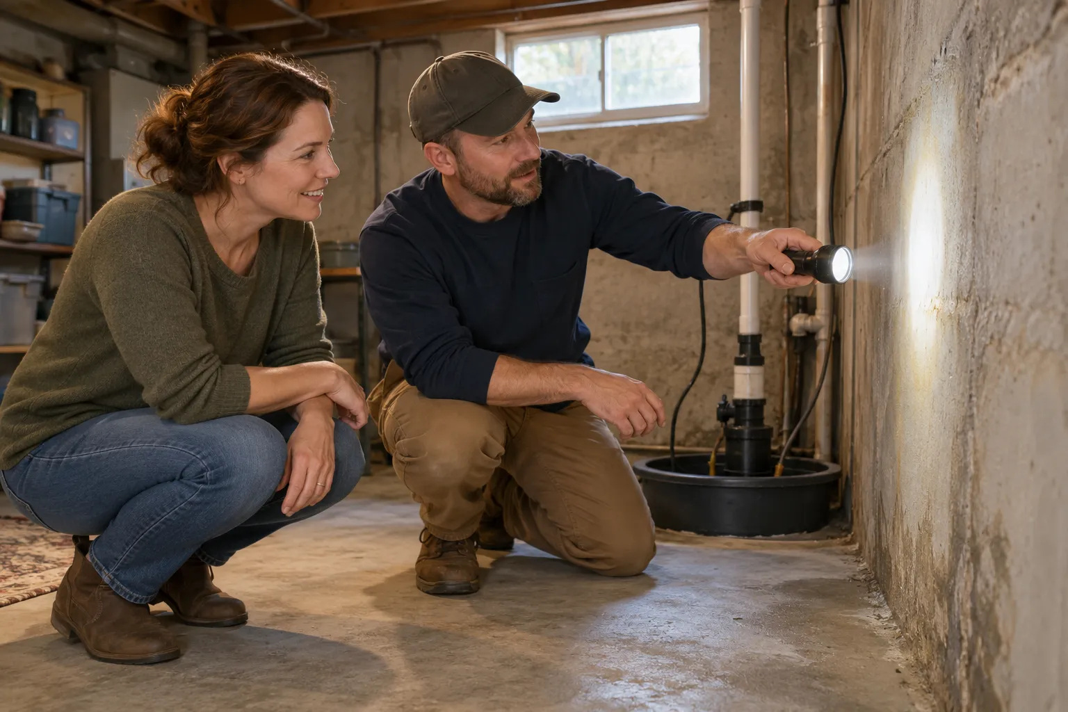 A homeowner and a mold provider reviewing a basement wall together in Cleveland