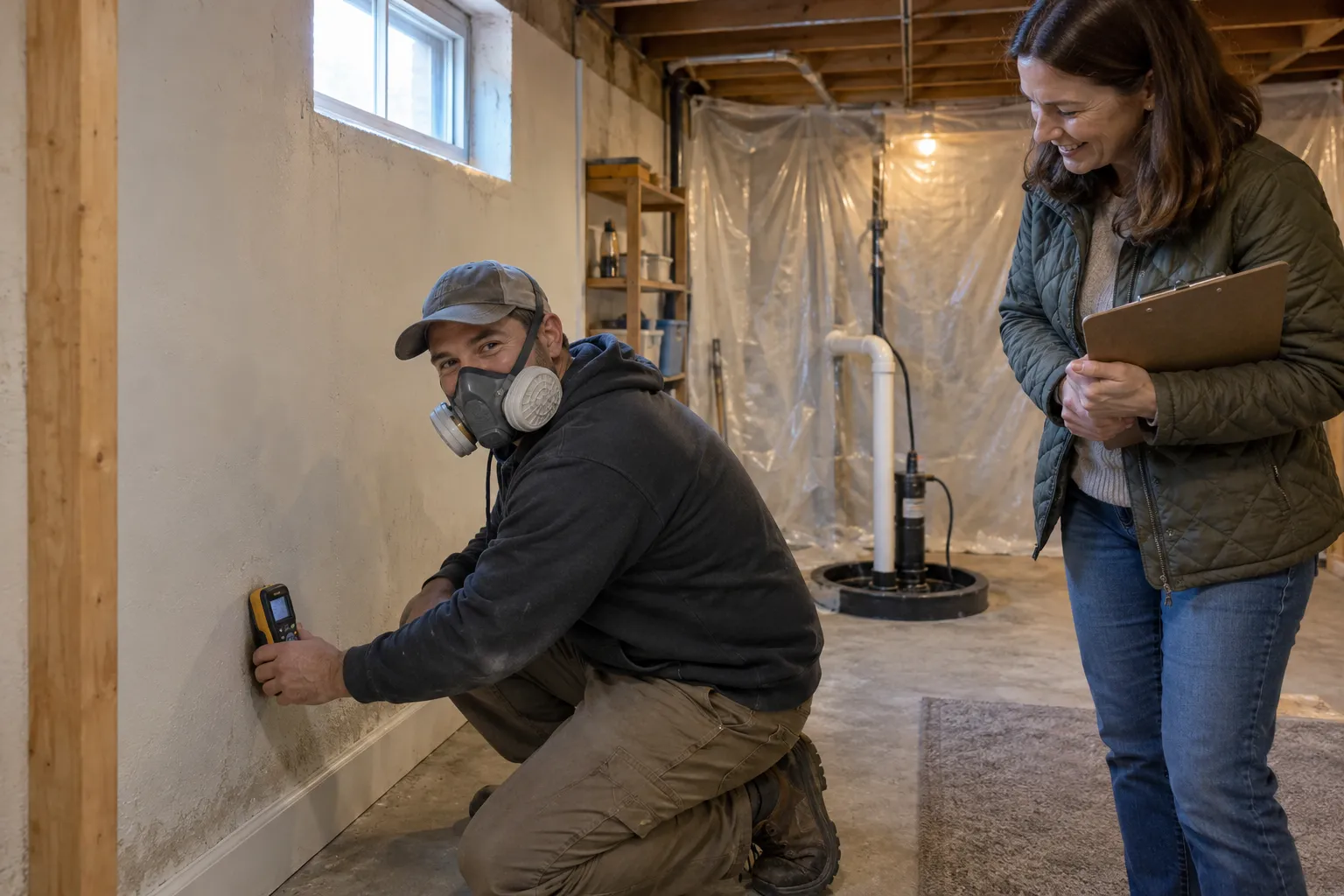 Friendly home mold remediation provider checking a basement wall with a moisture meter in a Cleveland home